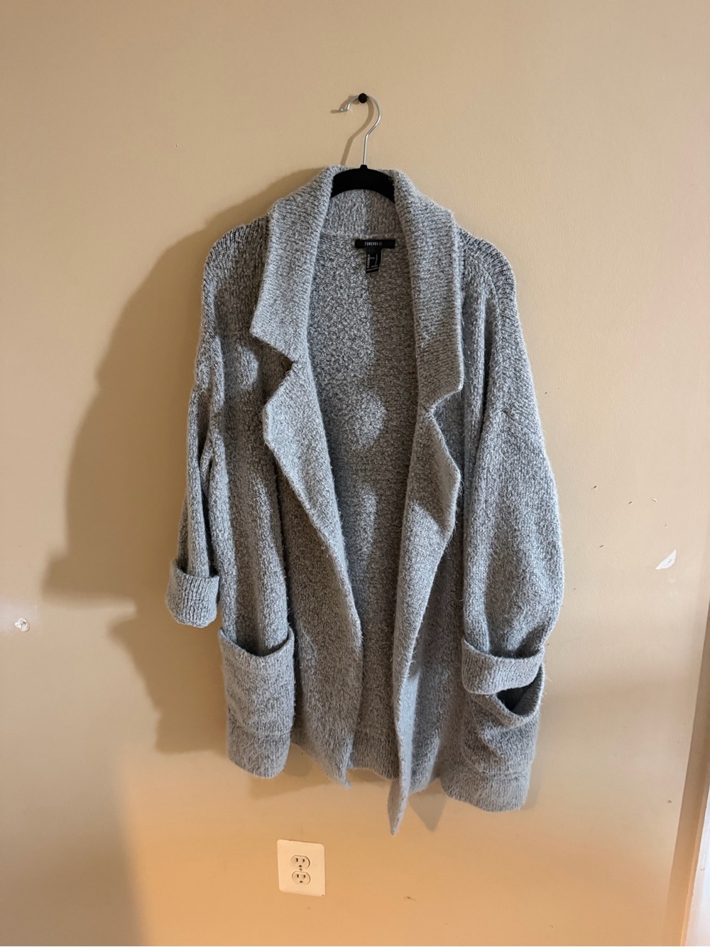 Gray Textured Knit Open Front Cardigan with Pockets